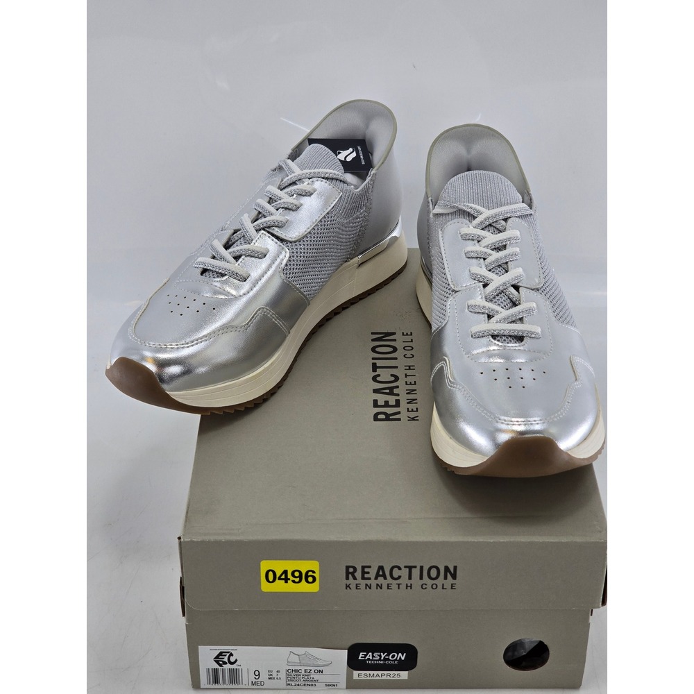 Kenneth Cole Reaction Chic EZ On Sneakers Womens 9 Silver Knit Metallic - New